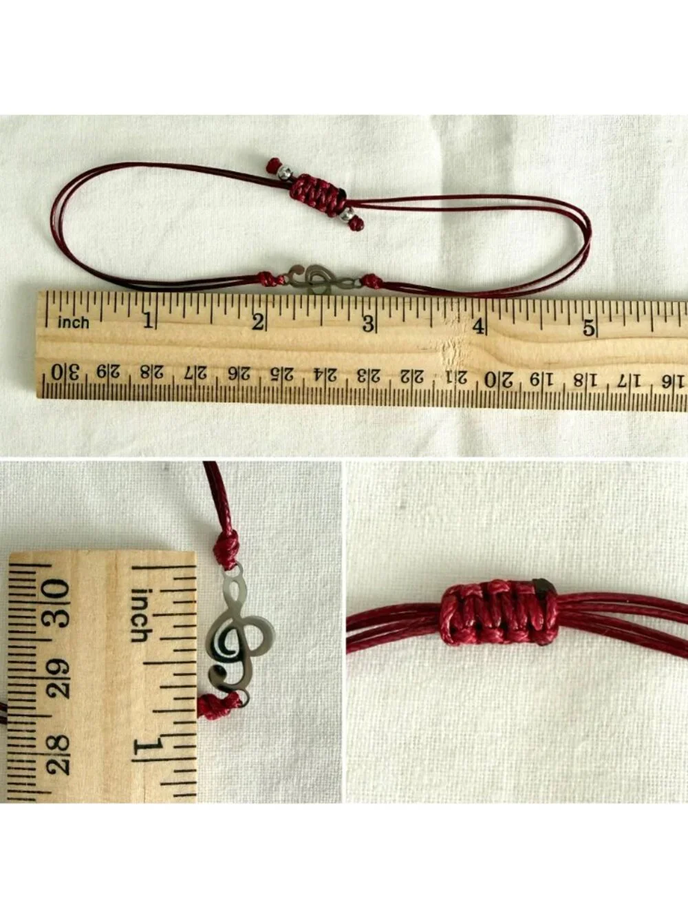 Music Wish Bracelet Stainless Steel Treble Clef Burgundy Red Woven Cord